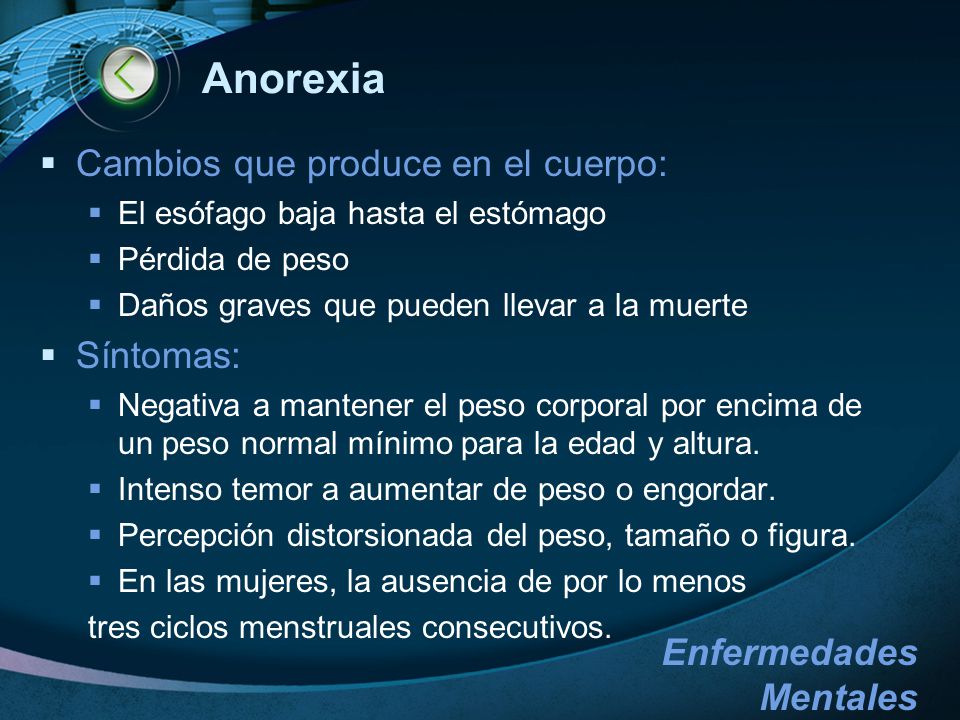 Anorexia Cambios que produce en el cuerpo: Síntomas: