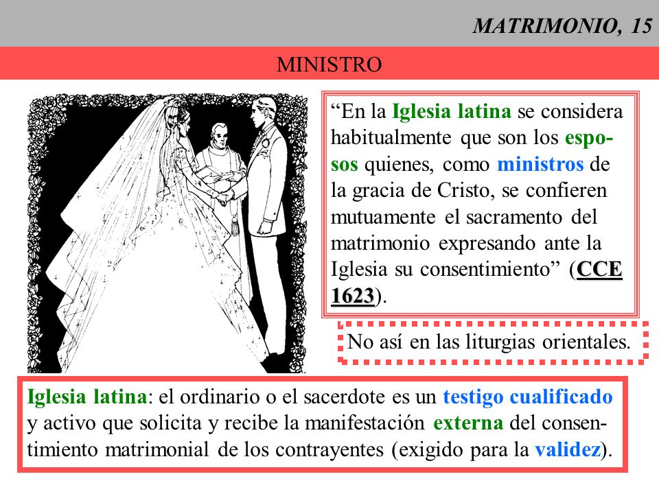 MATRIMONIO, 15 MINISTRO. En la Iglesia latina se considera. habitualmente que son los espo- sos quienes, como ministros de.