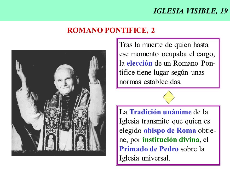 IGLESIA VISIBLE, 19 ROMANO PONTIFICE, 2. Tras la muerte de quien hasta. ese momento ocupaba el cargo,