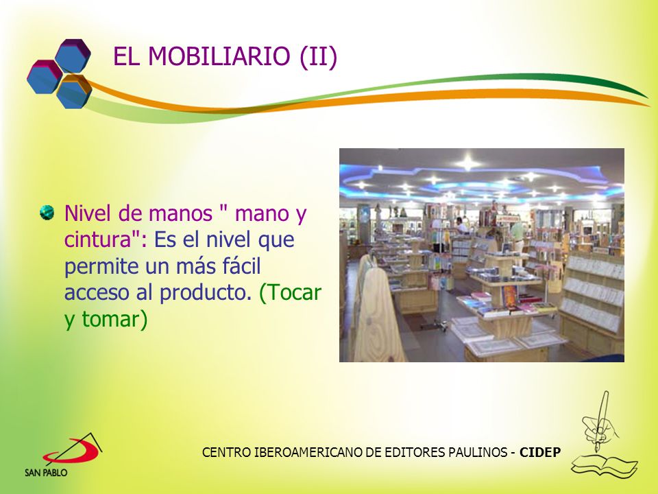 EL MOBILIARIO (II) Nivel de manos mano y cintura : Es el nivel que permite un más fácil acceso al producto. (Tocar y tomar)