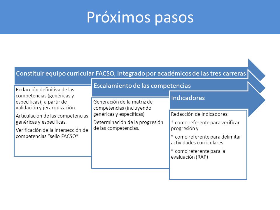 Próximos pasos Constituir equipo curricular FACSO, integrado por académicos de las tres carreras.