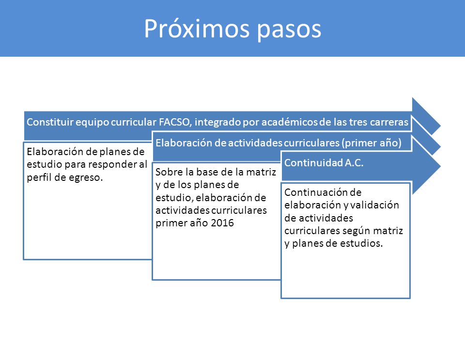 Próximos pasos Constituir equipo curricular FACSO, integrado por académicos de las tres carreras.