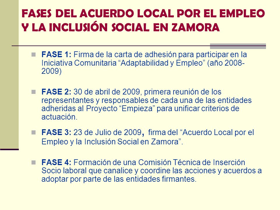 FASES DEL ACUERDO LOCAL POR EL EMPLEO Y LA INCLUSIÓN SOCIAL EN ZAMORA