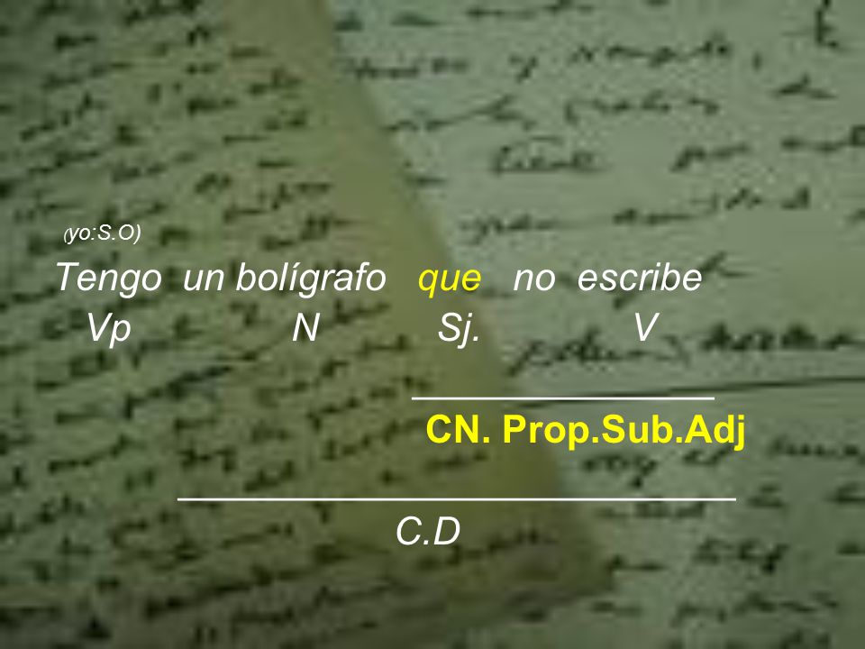(yo:S.O) Tengo un bolígrafo que no escribe. Vp N Sj. V.