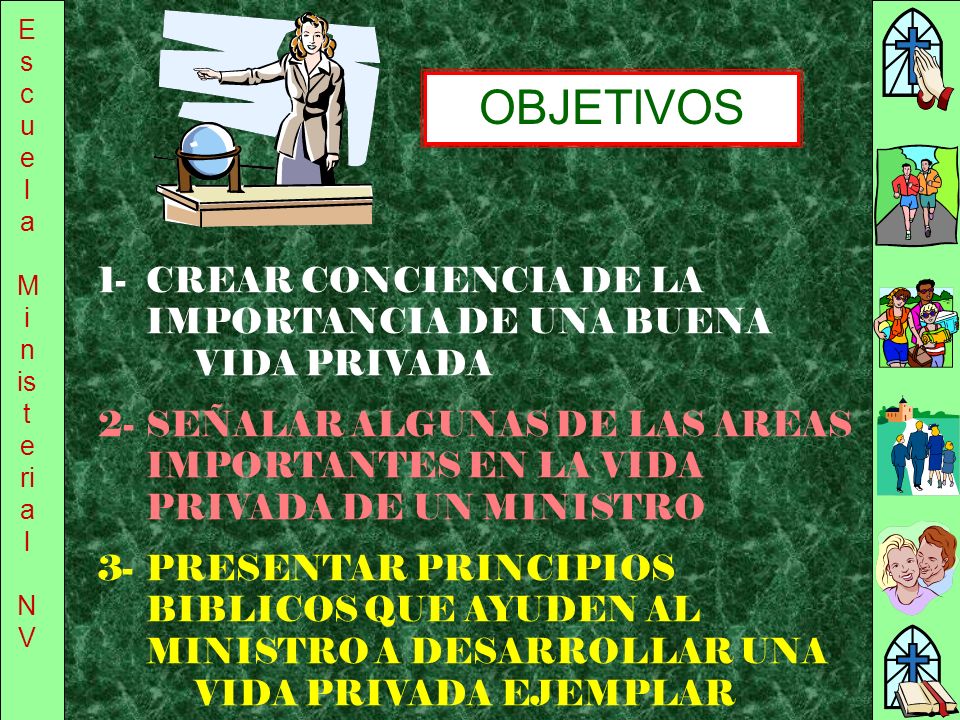 Escuela Ministerial. NV. OBJETIVOS. 1- CREAR CONCIENCIA DE LA IMPORTANCIA DE UNA BUENA VIDA PRIVADA.