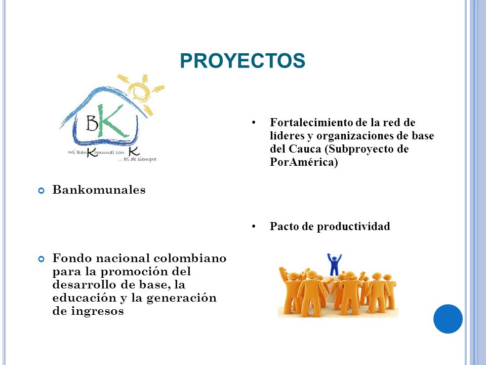 PROYECTOS Fortalecimiento de la red de líderes y organizaciones de base del Cauca (Subproyecto de PorAmérica)