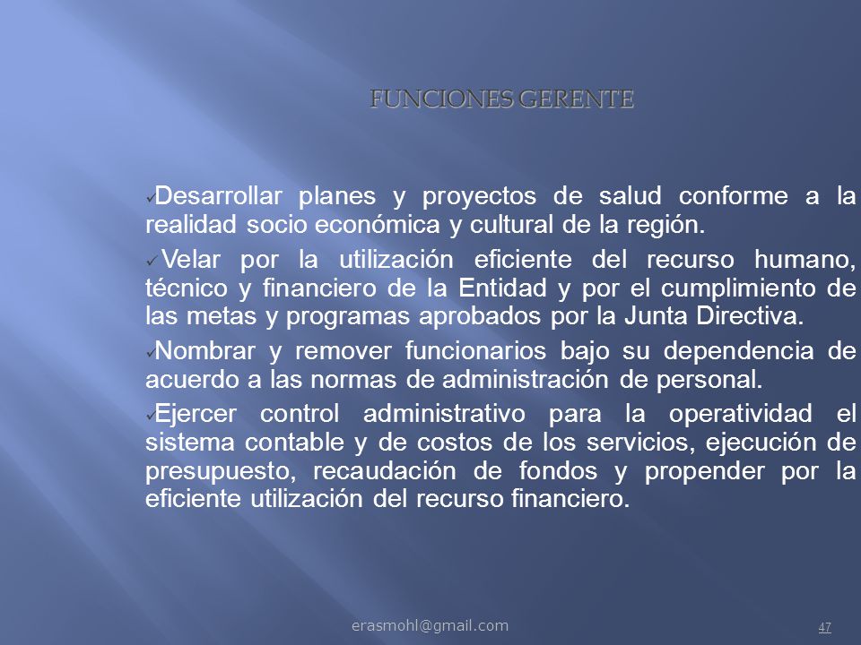 FUNCIONES GERENTE Desarrollar planes y proyectos de salud conforme a la realidad socio económica y cultural de la región.