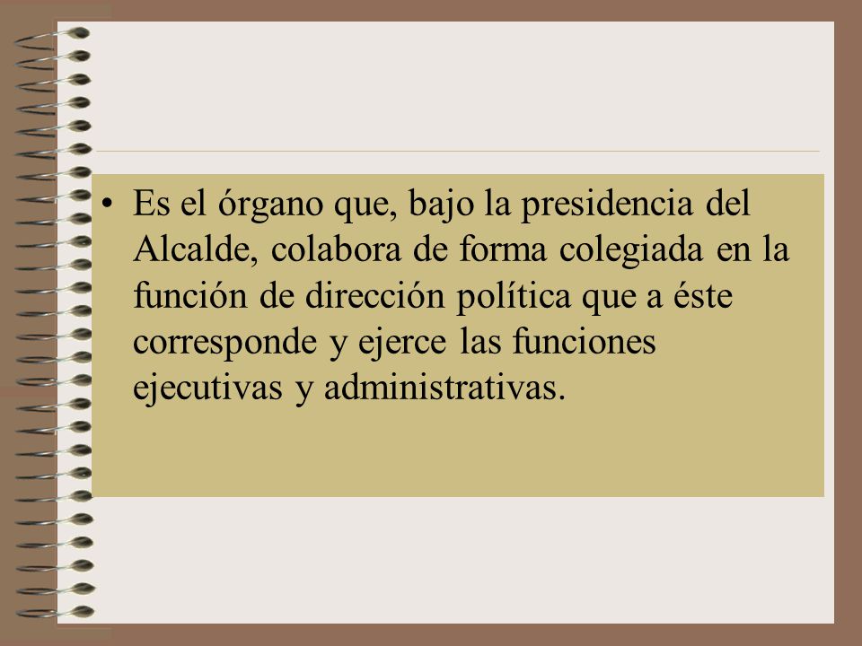 Es el órgano que, bajo la presidencia del Alcalde, colabora de forma colegiada en la función de dirección política que a éste corresponde y ejerce las funciones ejecutivas y administrativas.