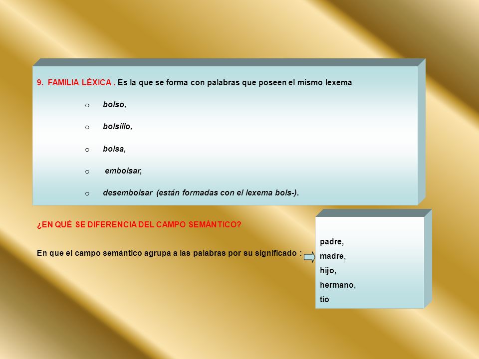 9. FAMILIA LÉXICA . Es la que se forma con palabras que poseen el mismo lexema