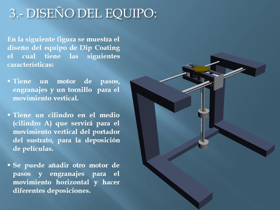 3.- DISEÑO DEL EQUIPO: En la siguiente figura se muestra el diseño del equipo de Dip Coating el cual tiene las siguientes características: