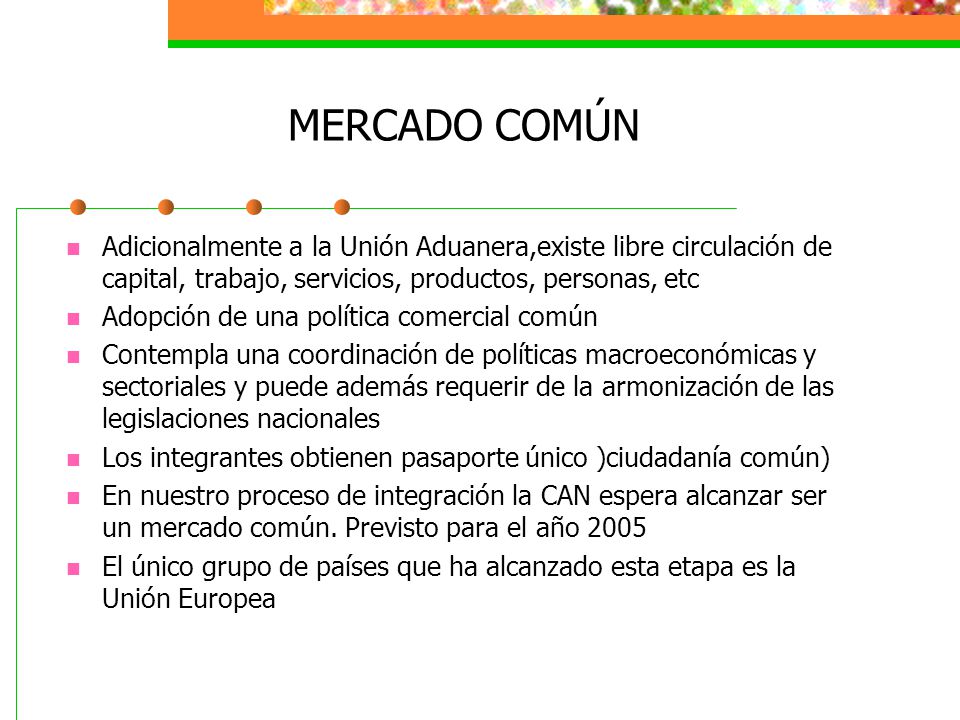MERCADO COMÚN Adicionalmente a la Unión Aduanera,existe libre circulación de capital, trabajo, servicios, productos, personas, etc.