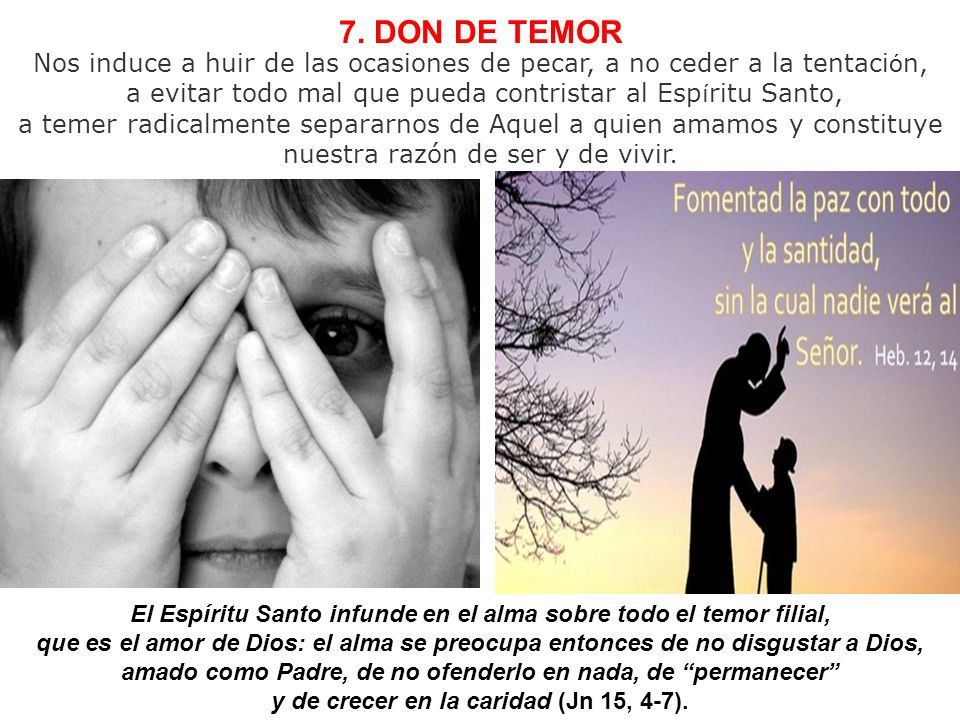 7. DON DE TEMOR Nos induce a huir de las ocasiones de pecar, a no ceder a la tentación, a evitar todo mal que pueda contristar al Espíritu Santo,