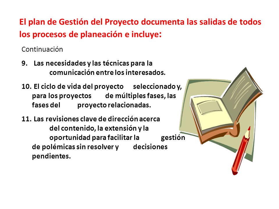 El plan de Gestión del Proyecto documenta las salidas de todos los procesos de planeación e incluye: