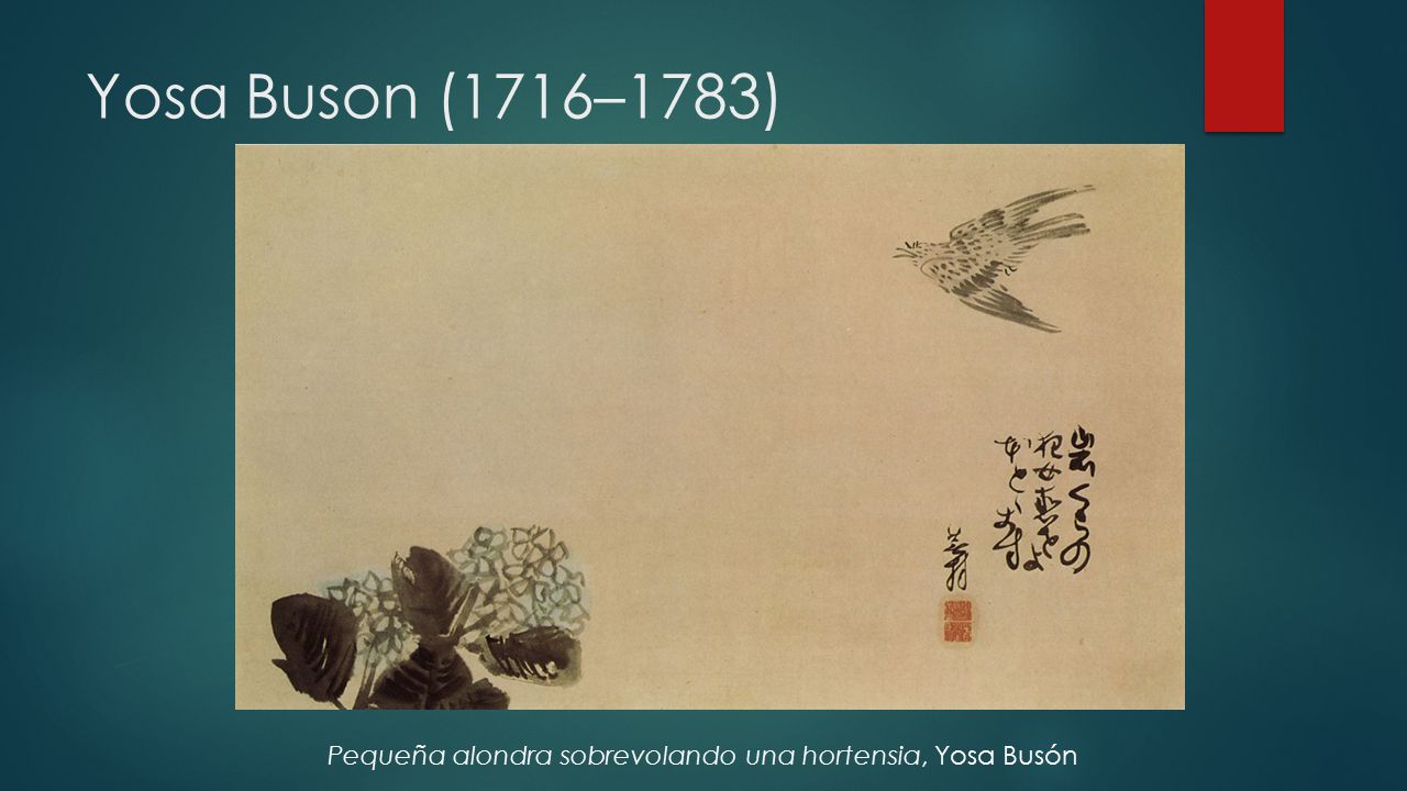 Yosa Buson (1716–1783) Pequeña alondra sobrevolando una hortensia, Yosa Busón