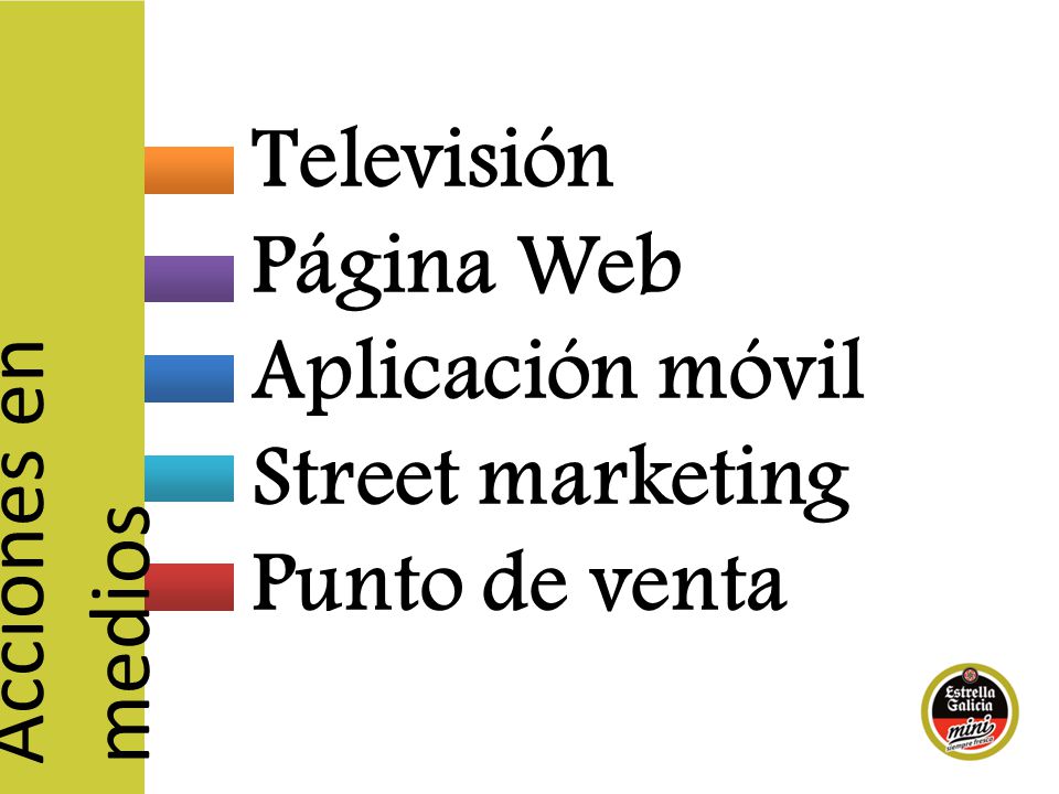 Televisión Página Web Aplicación móvil Street marketing Punto de venta Acciones en medios