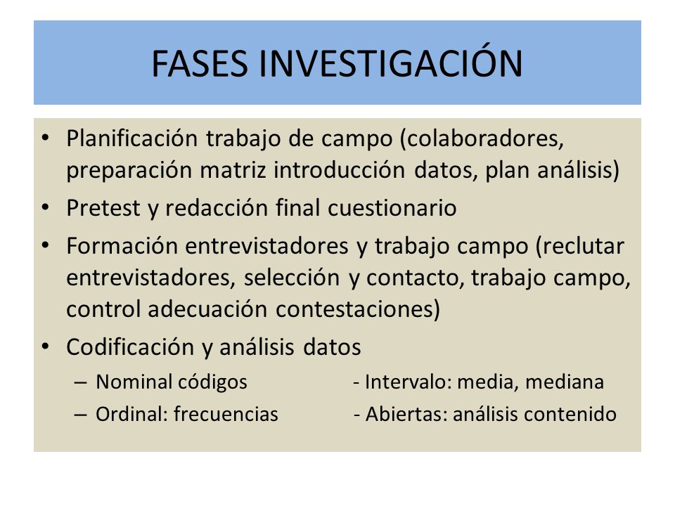 FASES INVESTIGACIÓN Planificación trabajo de campo (colaboradores, preparación matriz introducción datos, plan análisis)