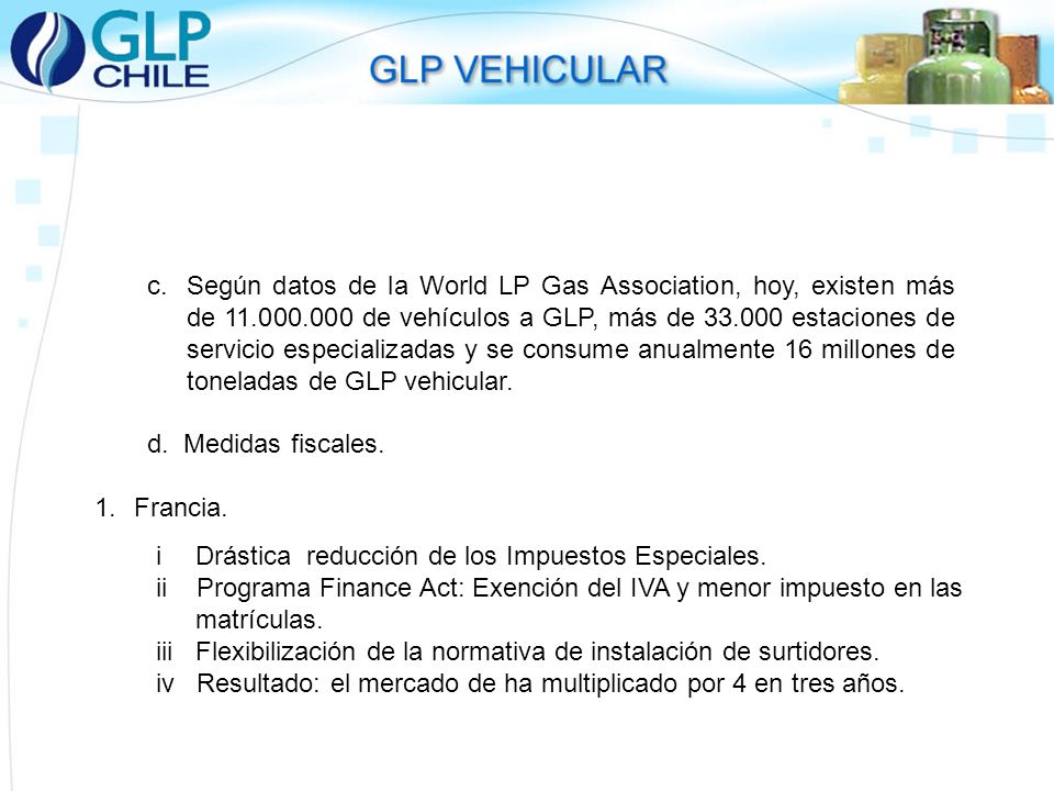 Según datos de la World LP Gas Association, hoy, existen más de de vehículos a GLP, más de estaciones de servicio especializadas y se consume anualmente 16 millones de toneladas de GLP vehicular.