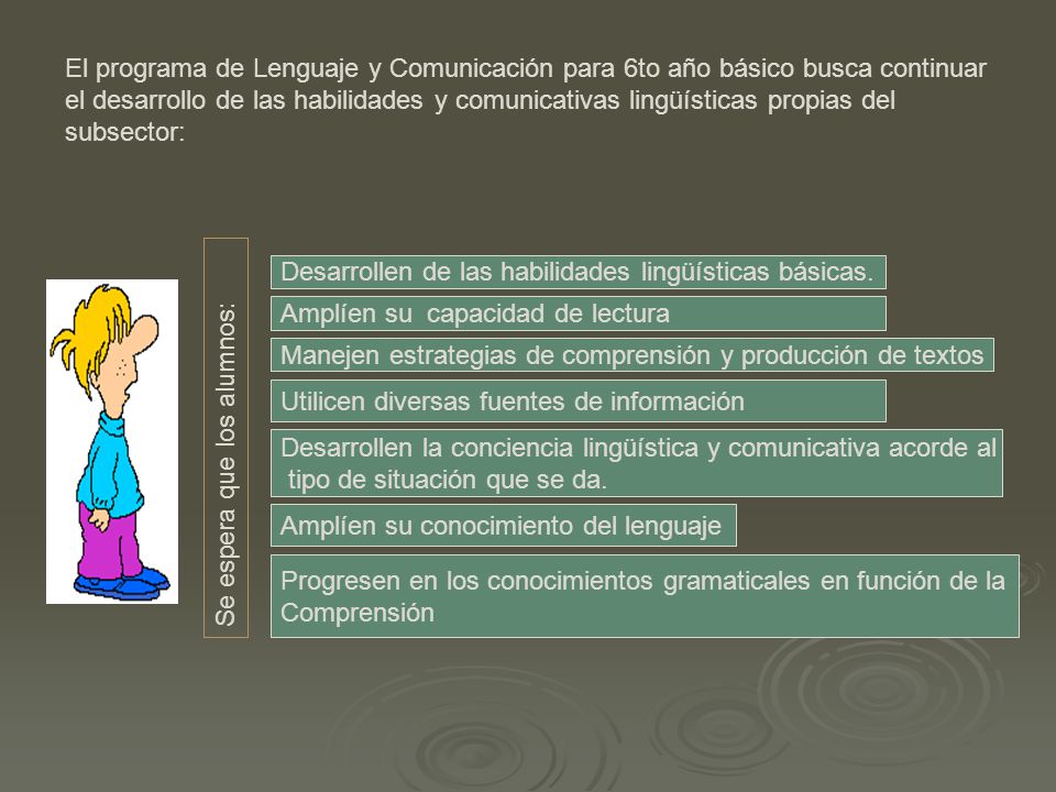 El programa de Lenguaje y Comunicación para 6to año básico busca continuar el desarrollo de las habilidades y comunicativas lingüísticas propias del subsector: