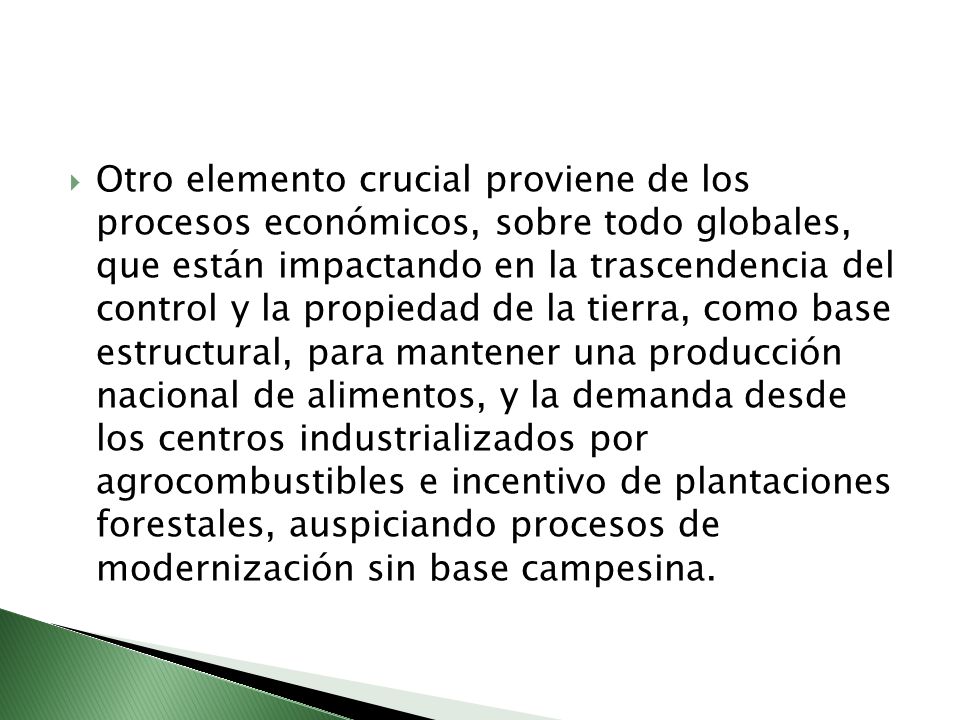 Otro elemento crucial proviene de los procesos económicos, sobre todo globales, que están impactando en la trascendencia del control y la propiedad de la tierra, como base estructural, para mantener una producción nacional de alimentos, y la demanda desde los centros industrializados por agrocombustibles e incentivo de plantaciones forestales, auspiciando procesos de modernización sin base campesina.