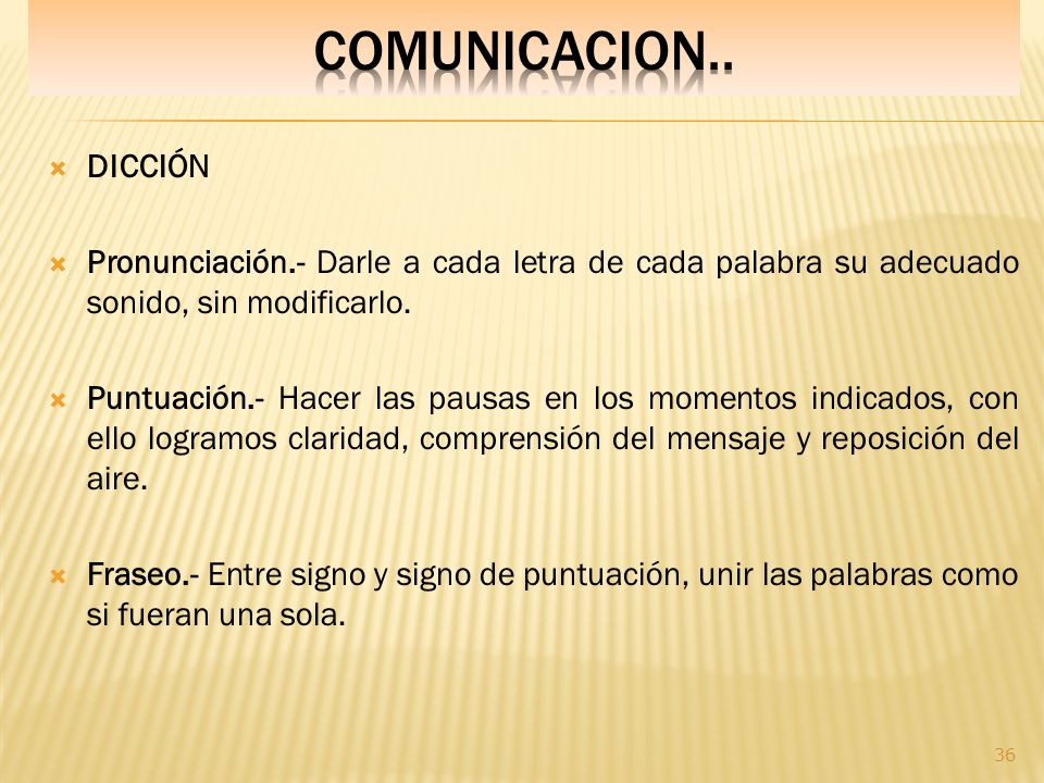 COMUNICACION.. DICCIÓN. Pronunciación.- Darle a cada letra de cada palabra su adecuado sonido, sin modificarlo.