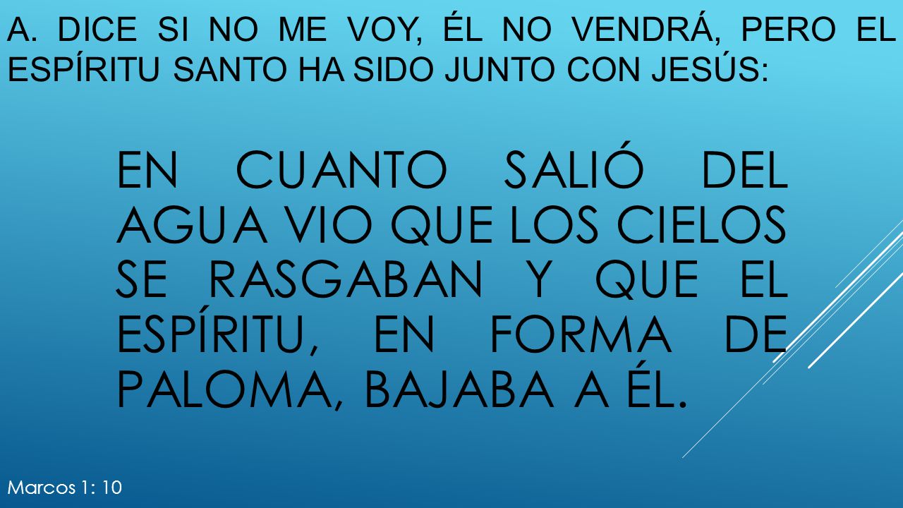 a. Dice si no me voy, él no vendrá, pero el Espíritu santo ha sido junto con Jesús: