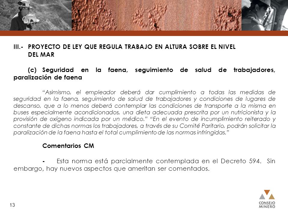 , III.- PROYECTO DE LEY QUE REGULA TRABAJO EN ALTURA SOBRE EL NIVEL DEL MAR.