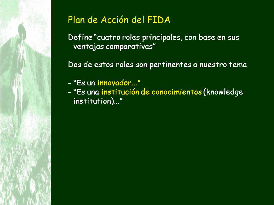 Plan de Acción del FIDA Define cuatro roles principales, con base en sus ventajas comparativas Dos de estos roles son pertinentes a nuestro tema.