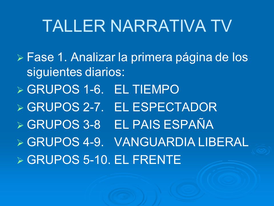 TALLER NARRATIVA TV Fase 1. Analizar la primera página de los siguientes diarios: GRUPOS 1-6. EL TIEMPO.