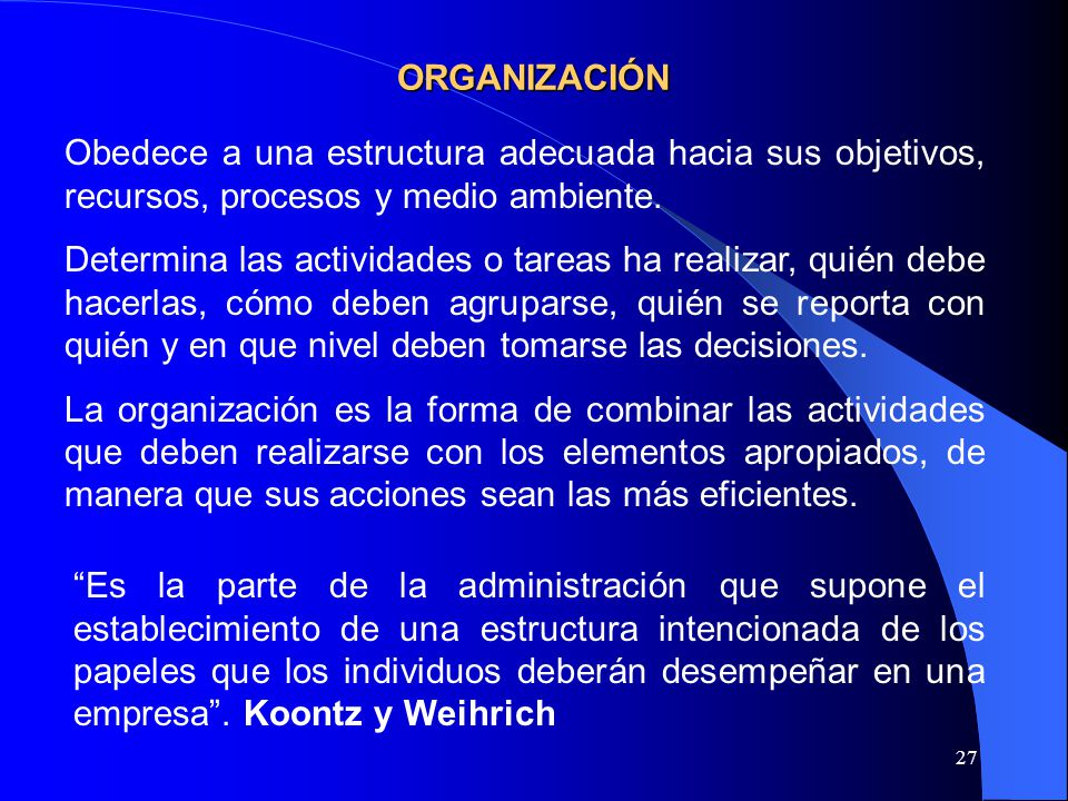 ORGANIZACIÓN Obedece a una estructura adecuada hacia sus objetivos, recursos, procesos y medio ambiente.