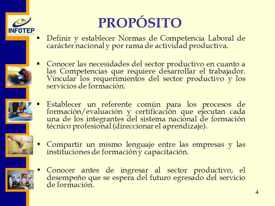 PROPÓSITO Definir y establecer Normas de Competencia Laboral de carácter nacional y por rama de actividad productiva.