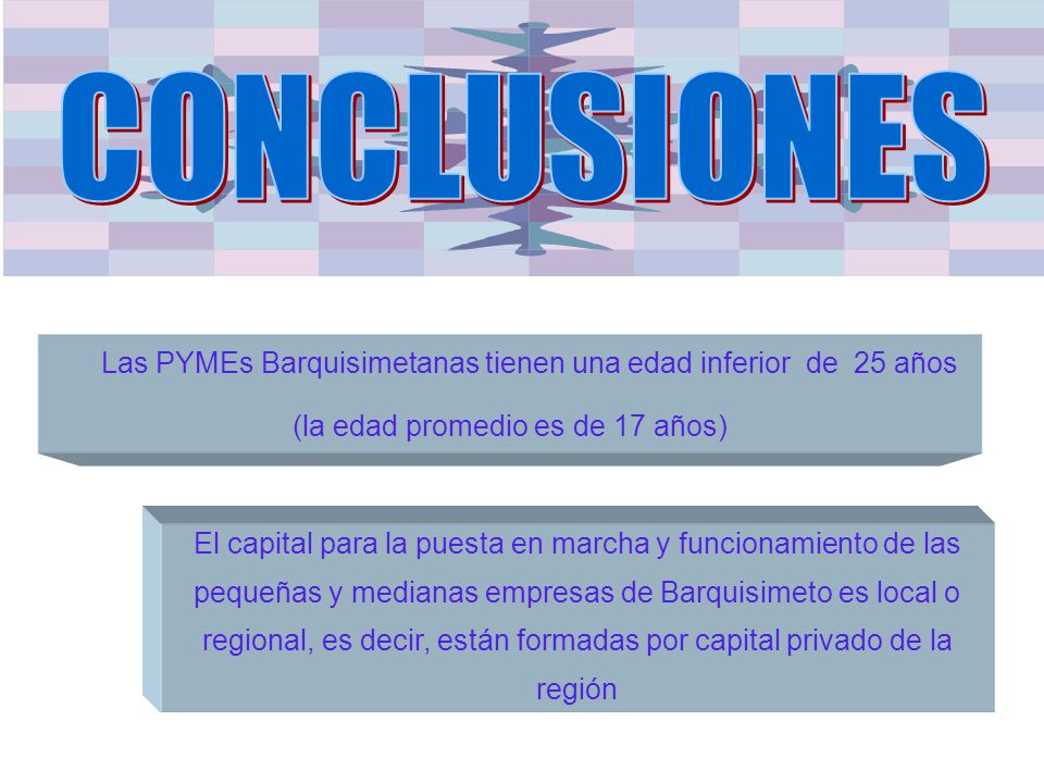 CONCLUSIONES Las PYMEs Barquisimetanas tienen una edad inferior de 25 años. (la edad promedio es de 17 años)