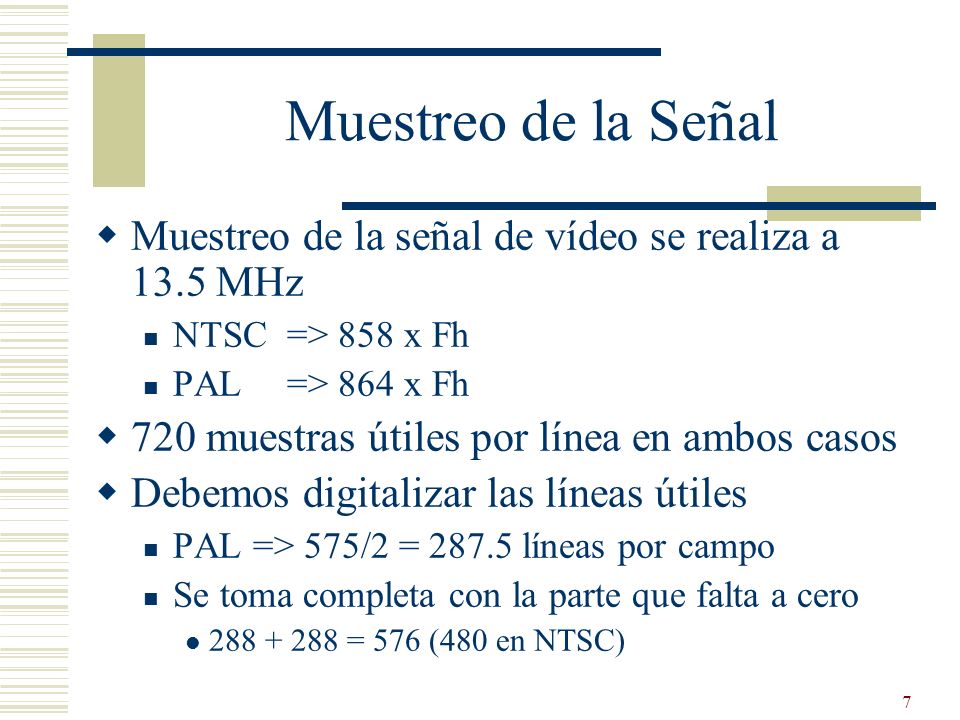 Muestreo de la Señal Muestreo de la señal de vídeo se realiza a 13.5 MHz. NTSC => 858 x Fh. PAL => 864 x Fh.