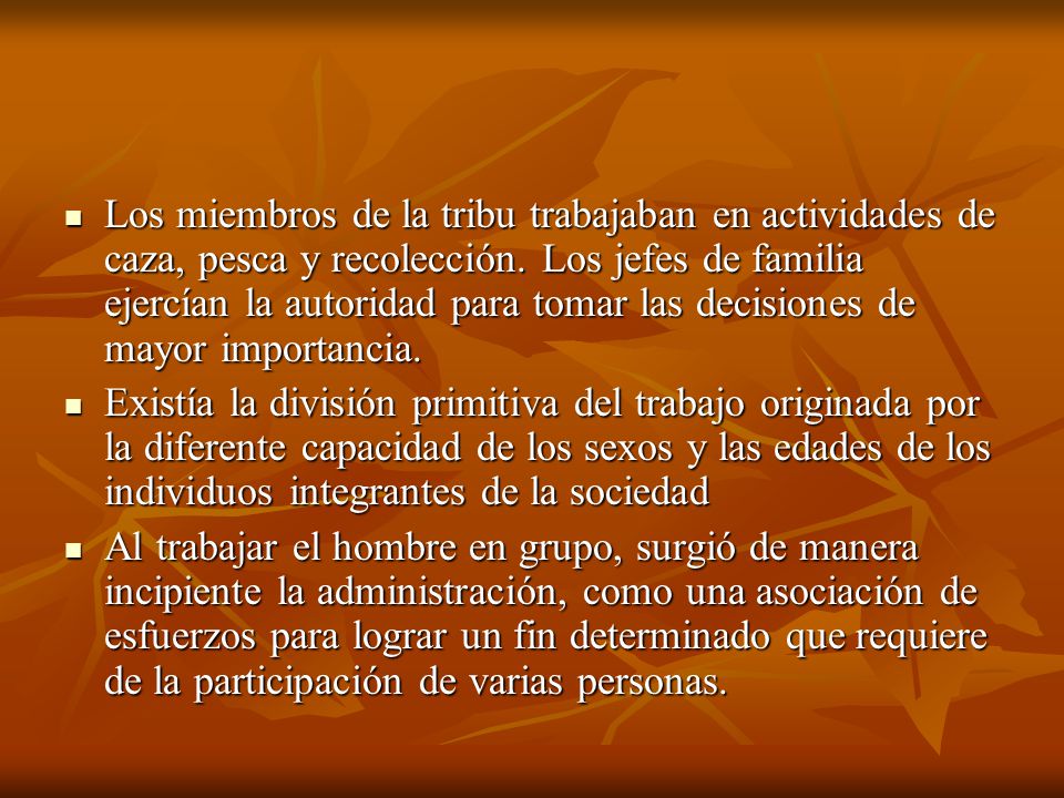Los miembros de la tribu trabajaban en actividades de caza, pesca y recolección. Los jefes de familia ejercían la autoridad para tomar las decisiones de mayor importancia.