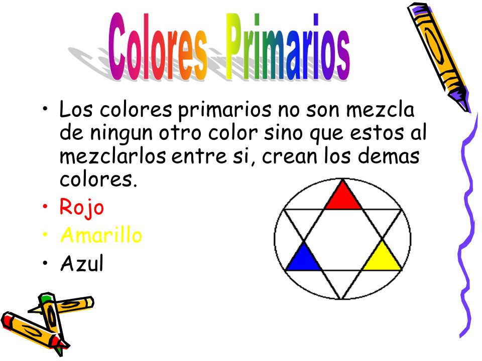 Colores Primarios Los colores primarios no son mezcla de ningun otro color sino que estos al mezclarlos entre si, crean los demas colores.