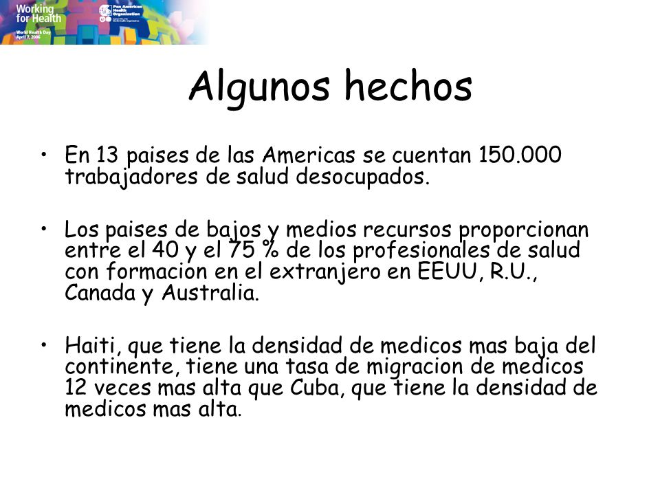 Algunos hechos En 13 paises de las Americas se cuentan trabajadores de salud desocupados.