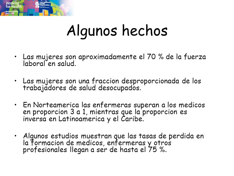 Algunos hechos Las mujeres son aproximadamente el 70 % de la fuerza laboral en salud.