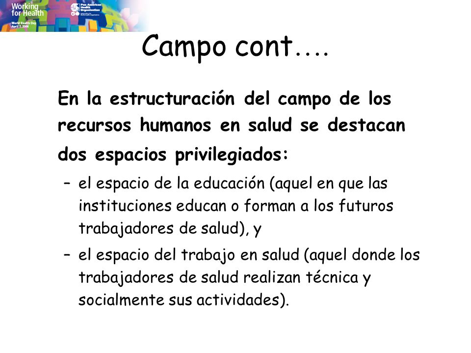 Campo cont…. En la estructuración del campo de los recursos humanos en salud se destacan dos espacios privilegiados:
