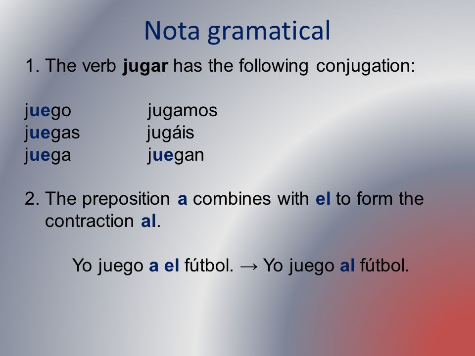 Nota gramatical 1. The verb jugar has the following conjugation: