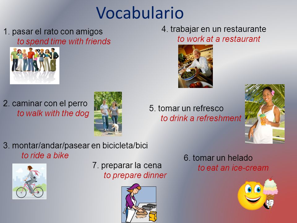 Vocabulario 4. trabajar en un restaurante to work at a restaurant