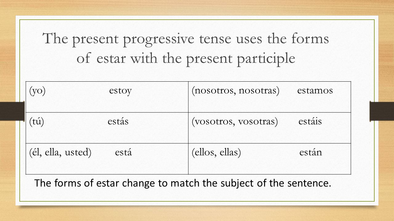 The present progressive tense uses the forms of estar with the present participle