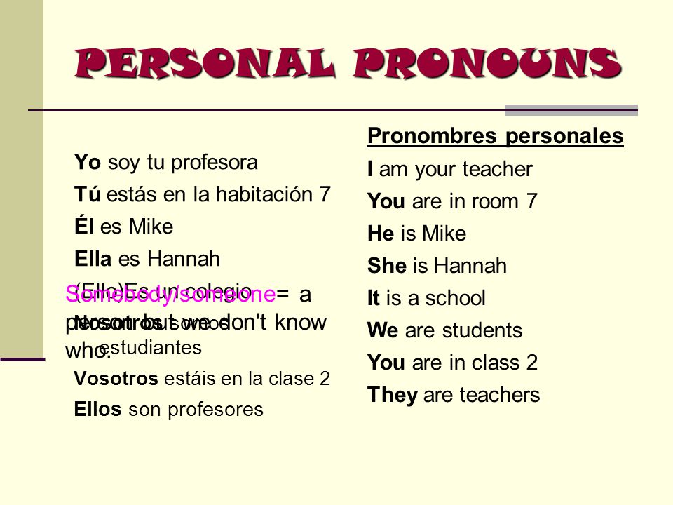 PERSONAL PRONOUNS Somebody/someone= a person but we don t know who.