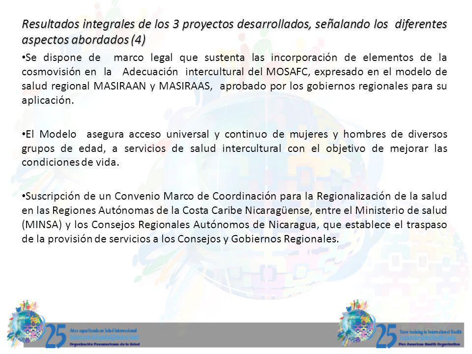 Resultados integrales de los 3 proyectos desarrollados, señalando los diferentes aspectos abordados (4)