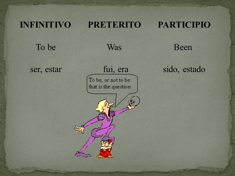 INFINITIVO PRETERITO PARTICIPIO To be ser, estar Was fui, era Been sido, estado
