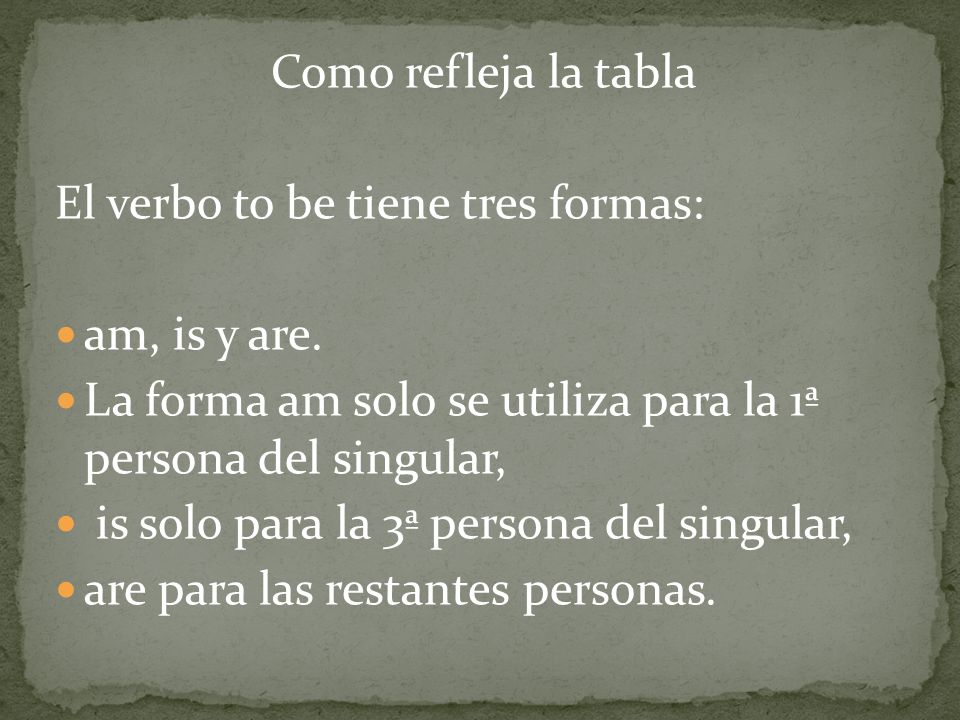 Como refleja la tabla El verbo to be tiene tres formas: am, is y are. La forma am solo se utiliza para la 1ª persona del singular,
