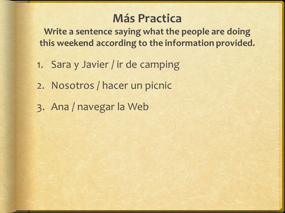Más Practica Write a sentence saying what the people are doing this weekend according to the information provided.