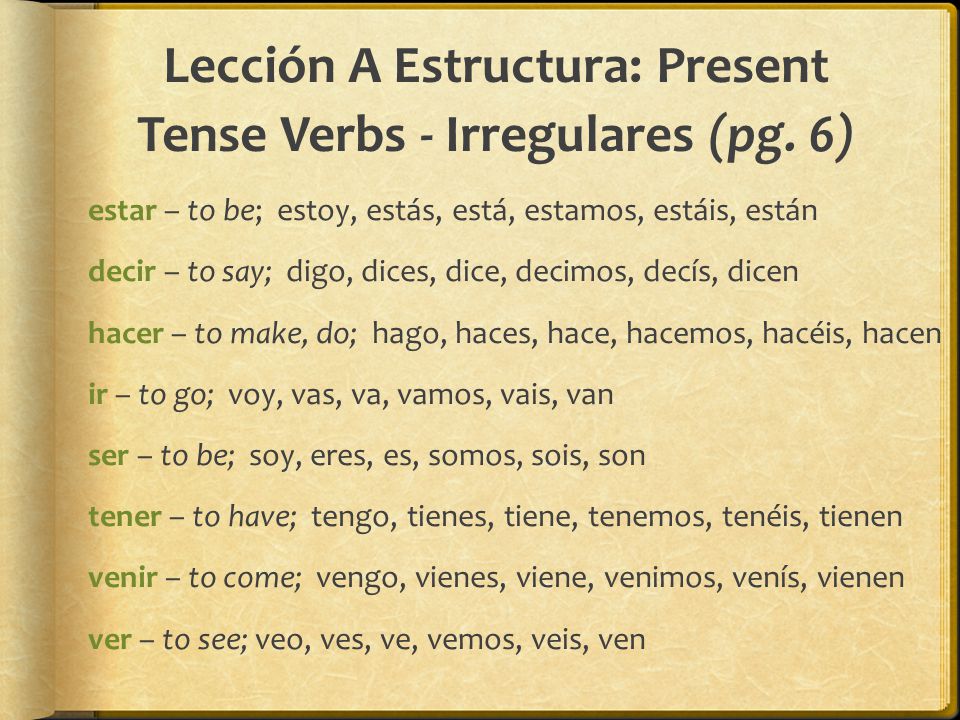 Lección A Estructura: Present Tense Verbs - Irregulares (pg. 6)