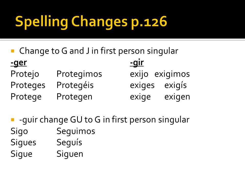 Spelling Changes p.126 Change to G and J in first person singular