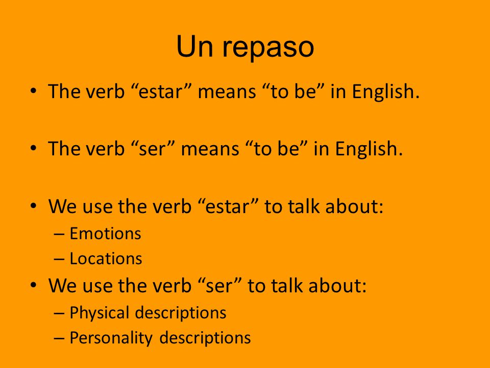 Un repaso The verb estar means to be in English.