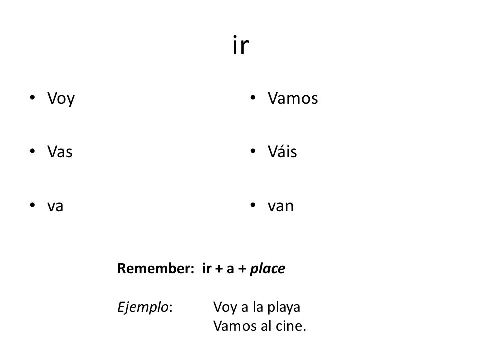 ir Voy Vas va Vamos Váis van Remember: ir + a + place