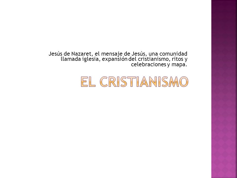 Jesús de Nazaret, el mensaje de Jesús, una comunidad llamada iglesia, expansión del cristianismo, ritos y celebraciones y mapa.